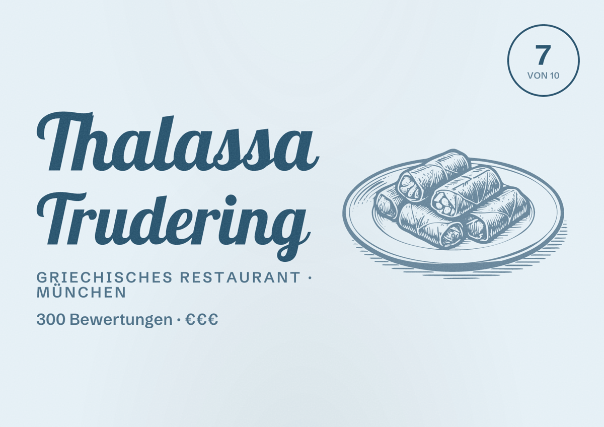 Illustriertes Poster von Thalassa Trudering, Griechisches Restaurant in München: Bewertung 7 von 10 aus 300 Bewertungen, Preisniveau €€€