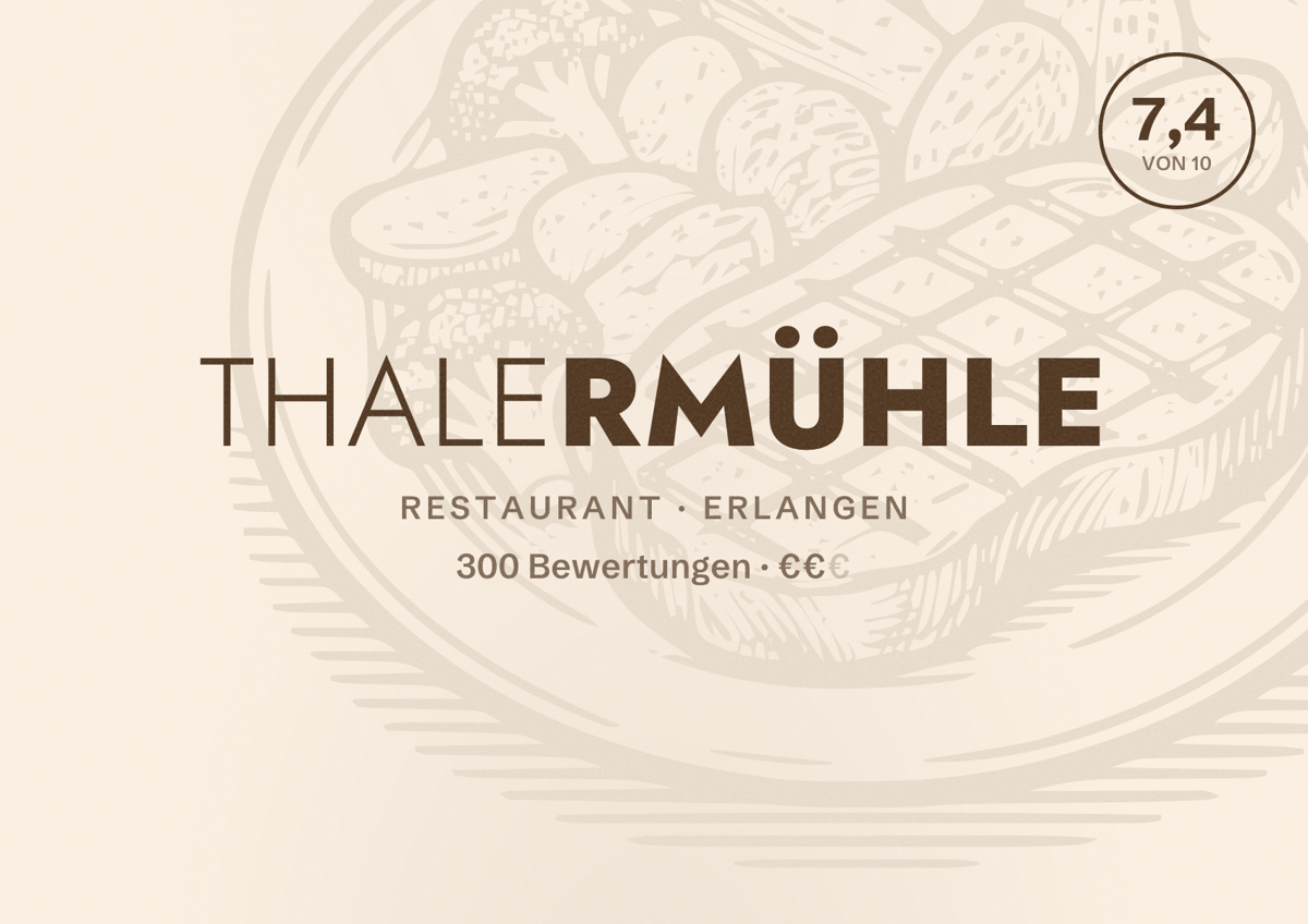 Illustriertes Poster von Thalermühle, Restaurant in Erlangen: Bewertung 7,4 von 10 aus 300 Bewertungen, Preisniveau €€