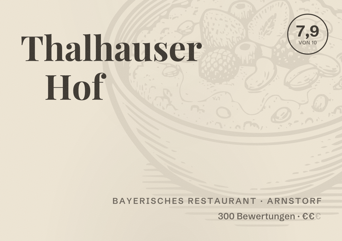 Illustriertes Poster von Thalhauser Hof, Bayerisches Restaurant in Arnstorf: Bewertung 7,9 von 10 aus 300 Bewertungen, Preisniveau €€