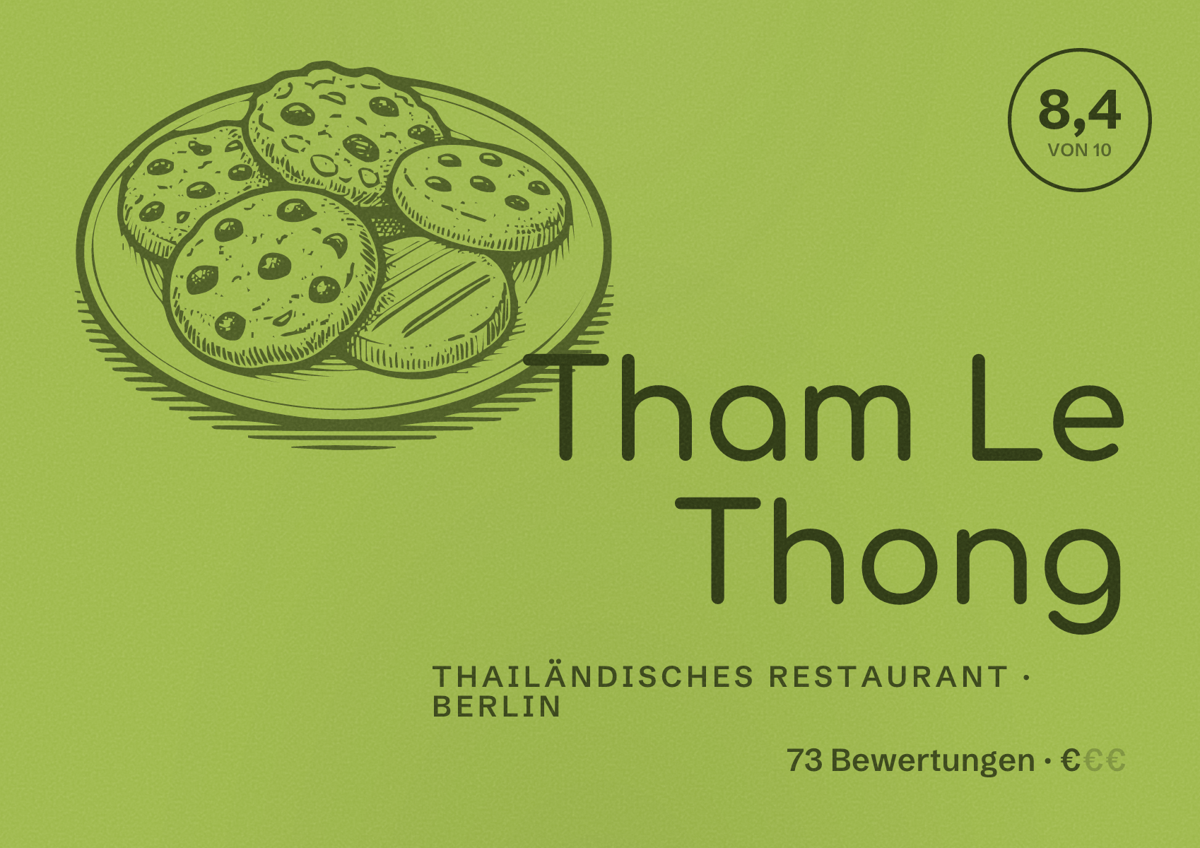 Illustriertes Poster von Tham Le Thong, Thailändisches Restaurant in Berlin: Bewertung 8,4 von 10 aus 73 Bewertungen, Preisniveau €