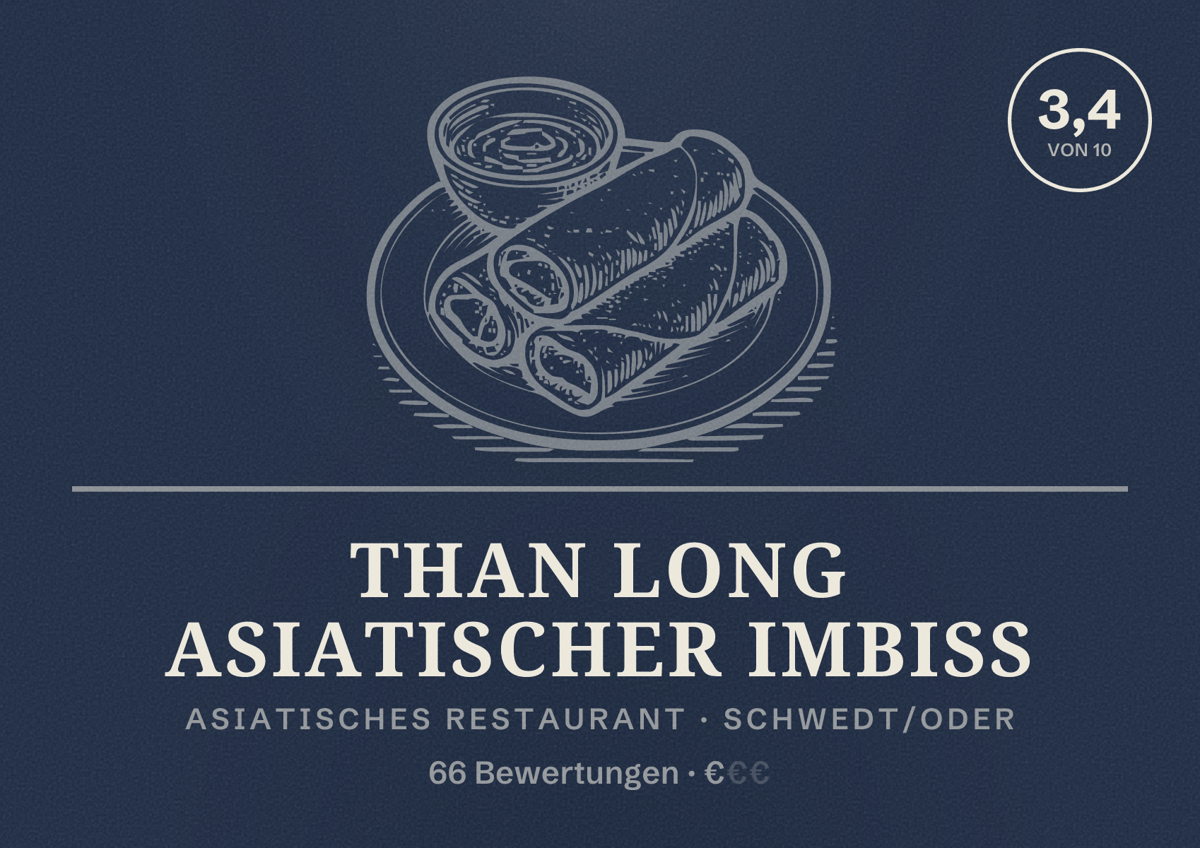 Illustriertes Poster von Than Long Asiatischer Imbiss, Asiatisches Restaurant in Schwedt/Oder: Bewertung 3,4 von 10 aus 66 Bewertungen, Preisniveau €