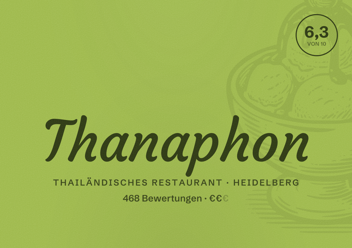 Illustriertes Poster von Thanaphon, Thailändisches Restaurant in Heidelberg: Bewertung 6,3 von 10 aus 468 Bewertungen, Preisniveau €€
