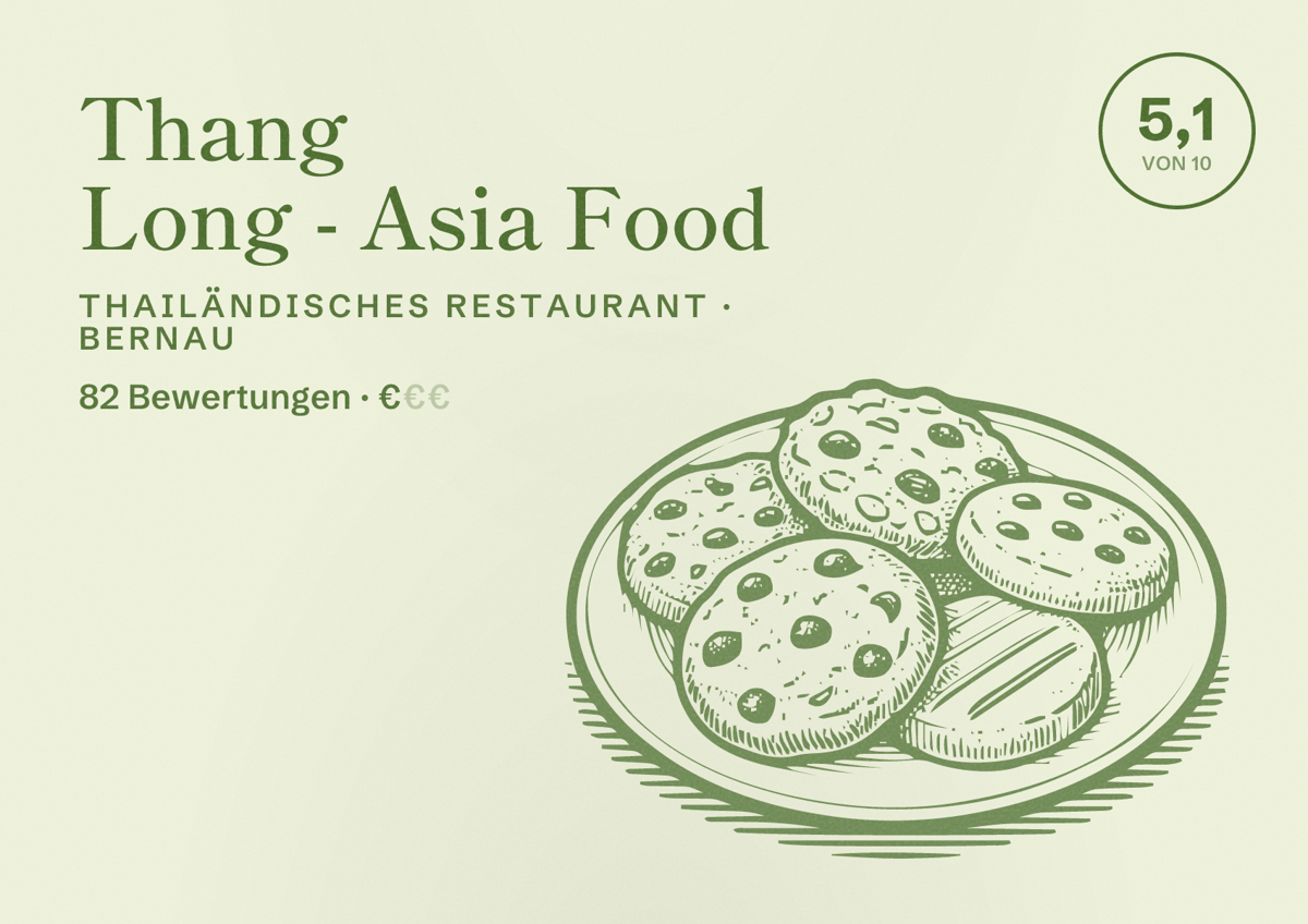 Illustriertes Poster von Thang Long - Asia Food, Thailändisches Restaurant in Bernau: Bewertung 5,1 von 10 aus 82 Bewertungen, Preisniveau €