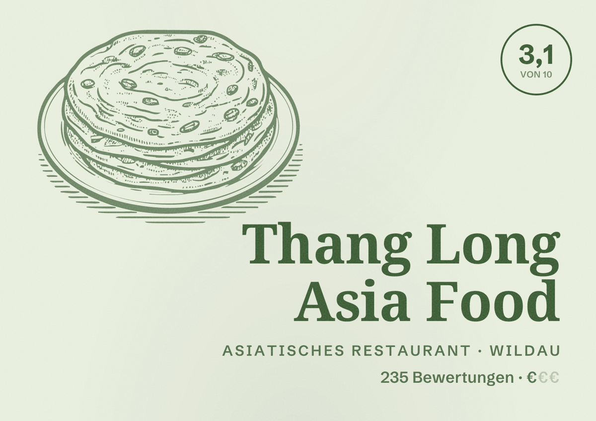 Illustriertes Poster von Thang Long Asia Food, Asiatisches Restaurant in Wildau: Bewertung 3,1 von 10 aus 235 Bewertungen, Preisniveau €