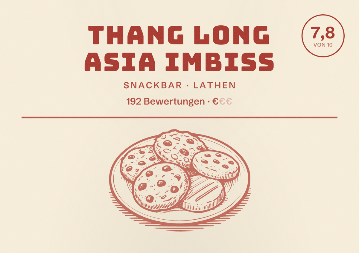 Illustriertes Poster von Thang Long Asia Imbiss, Snackbar in Lathen: Bewertung 7,8 von 10 aus 192 Bewertungen, Preisniveau €
