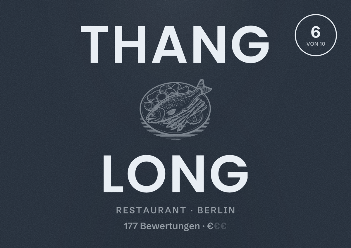 Illustriertes Poster von Thang Long, Restaurant in Berlin: Bewertung 6,0 von 10 aus 177 Bewertungen, Preisniveau €
