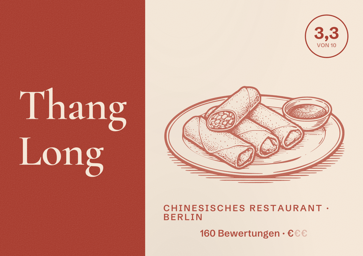 Illustriertes Poster von Thang Long, Chinesisches Restaurant in Berlin: Bewertung 3,3 von 10 aus 160 Bewertungen, Preisniveau €