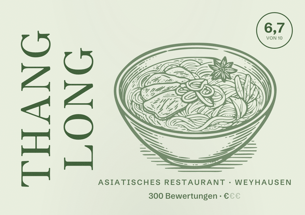 Illustriertes Poster von Thang Long, Asiatisches Restaurant in Weyhausen: Bewertung 6,7 von 10 aus 300 Bewertungen, Preisniveau €