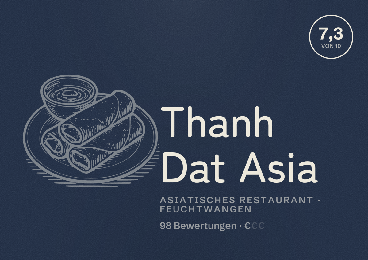 Illustriertes Poster von Thanh Dat Asia, Asiatisches Restaurant in Feuchtwangen: Bewertung 7,3 von 10 aus 98 Bewertungen, Preisniveau €