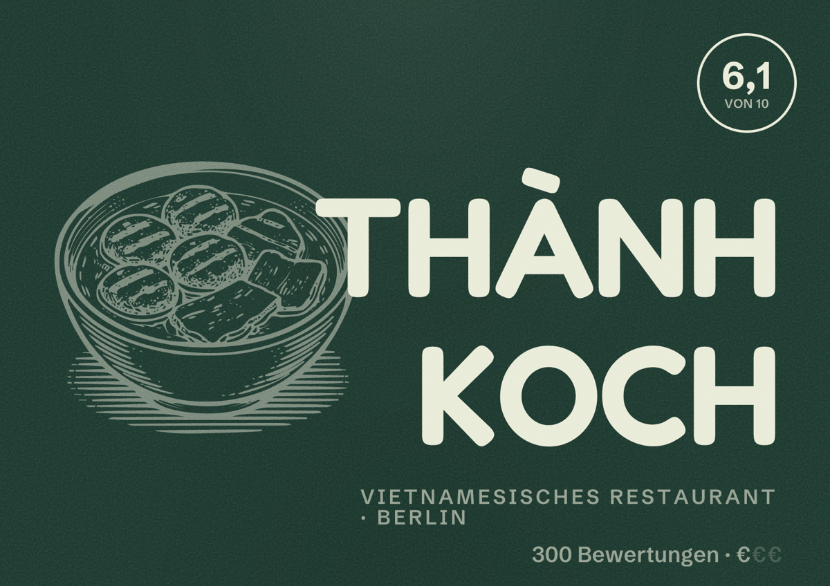 Illustriertes Poster von THÀNH KOCH, Vietnamesisches Restaurant in Berlin: Bewertung 6,1 von 10 aus 300 Bewertungen, Preisniveau €