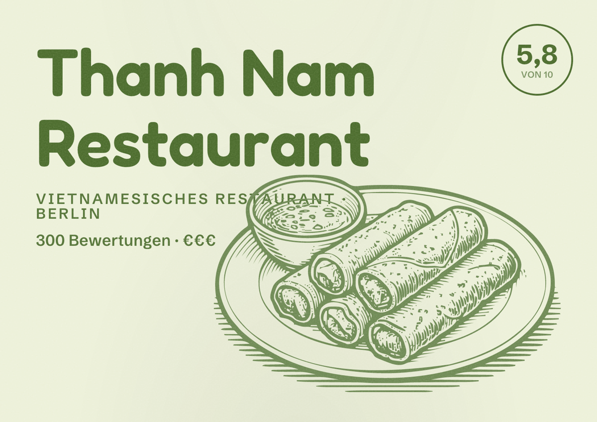 Illustriertes Poster von Thanh Nam Restaurant, Vietnamesisches Restaurant in Berlin: Bewertung 5,8 von 10 aus 300 Bewertungen, Preisniveau €€€