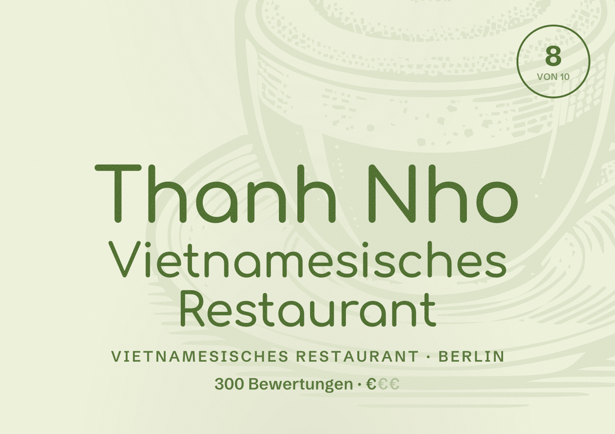Illustriertes Poster von Thanh Nho Vietnamesisches Restaurant, Vietnamesisches Restaurant in Berlin: Bewertung 8,0 von 10 aus 300 Bewertungen, Preisniveau €€