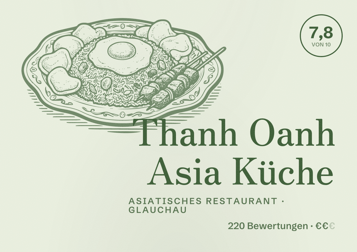 Illustriertes Poster von Thanh Oanh Asia Küche, Asiatisches Restaurant in Glauchau: Bewertung 7,8 von 10 aus 220 Bewertungen, Preisniveau €€