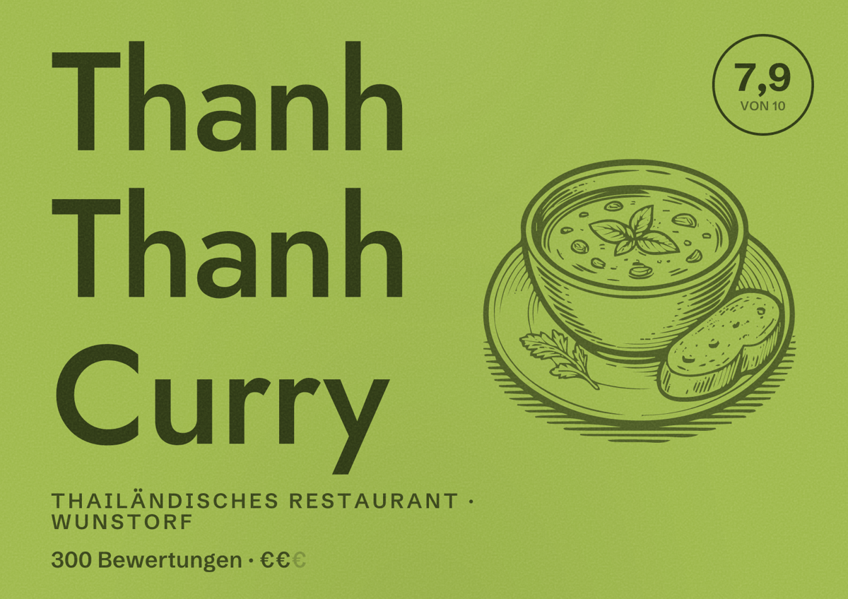Illustriertes Poster von Thanh Thanh Curry, Thailändisches Restaurant in Wunstorf: Bewertung 7,9 von 10 aus 300 Bewertungen, Preisniveau €€