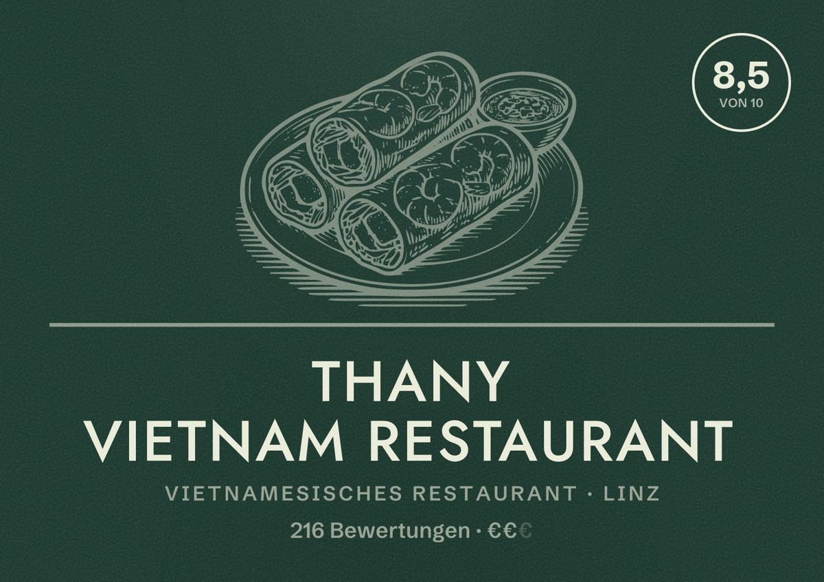 Illustriertes Poster von Thany Vietnam Restaurant, Vietnamesisches Restaurant in Linz: Bewertung 8,5 von 10 aus 216 Bewertungen, Preisniveau €€