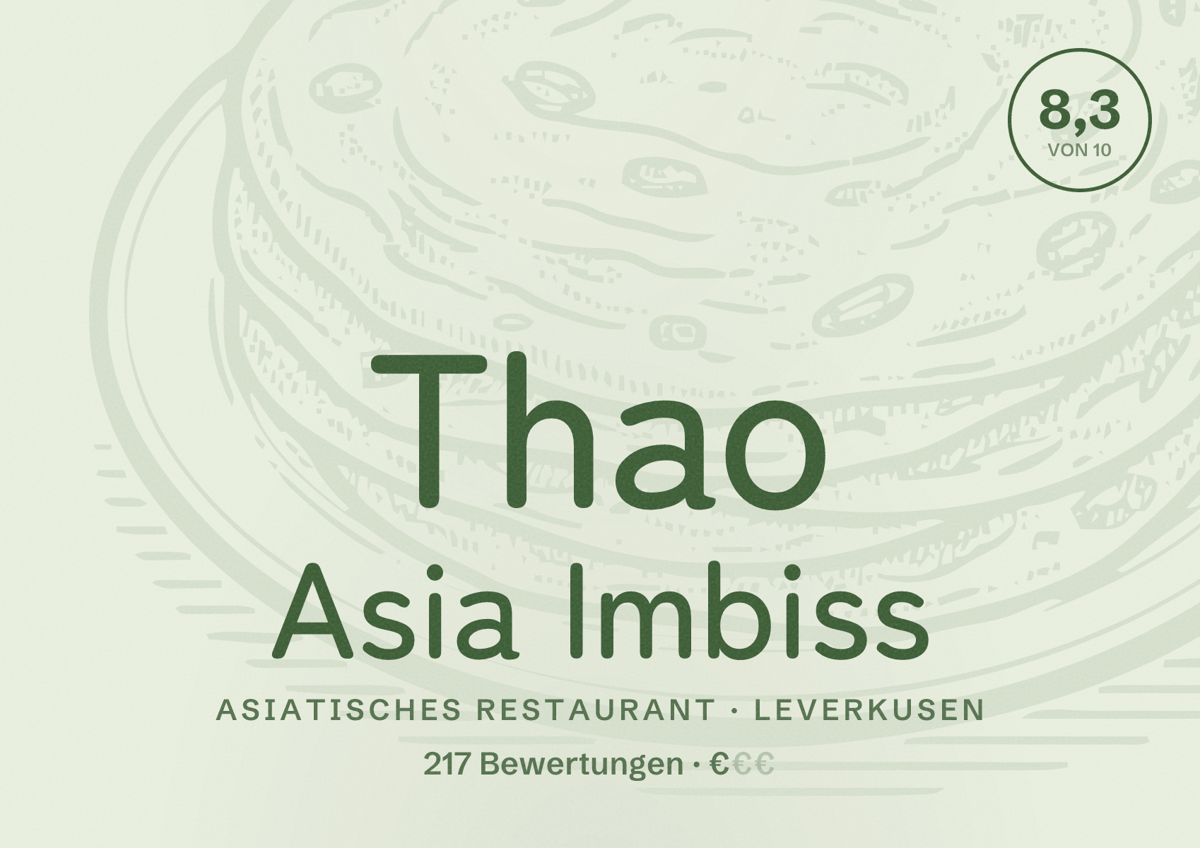 Illustriertes Poster von Thao Asia Imbiss, Asiatisches Restaurant in Leverkusen: Bewertung 8,3 von 10 aus 217 Bewertungen, Preisniveau €
