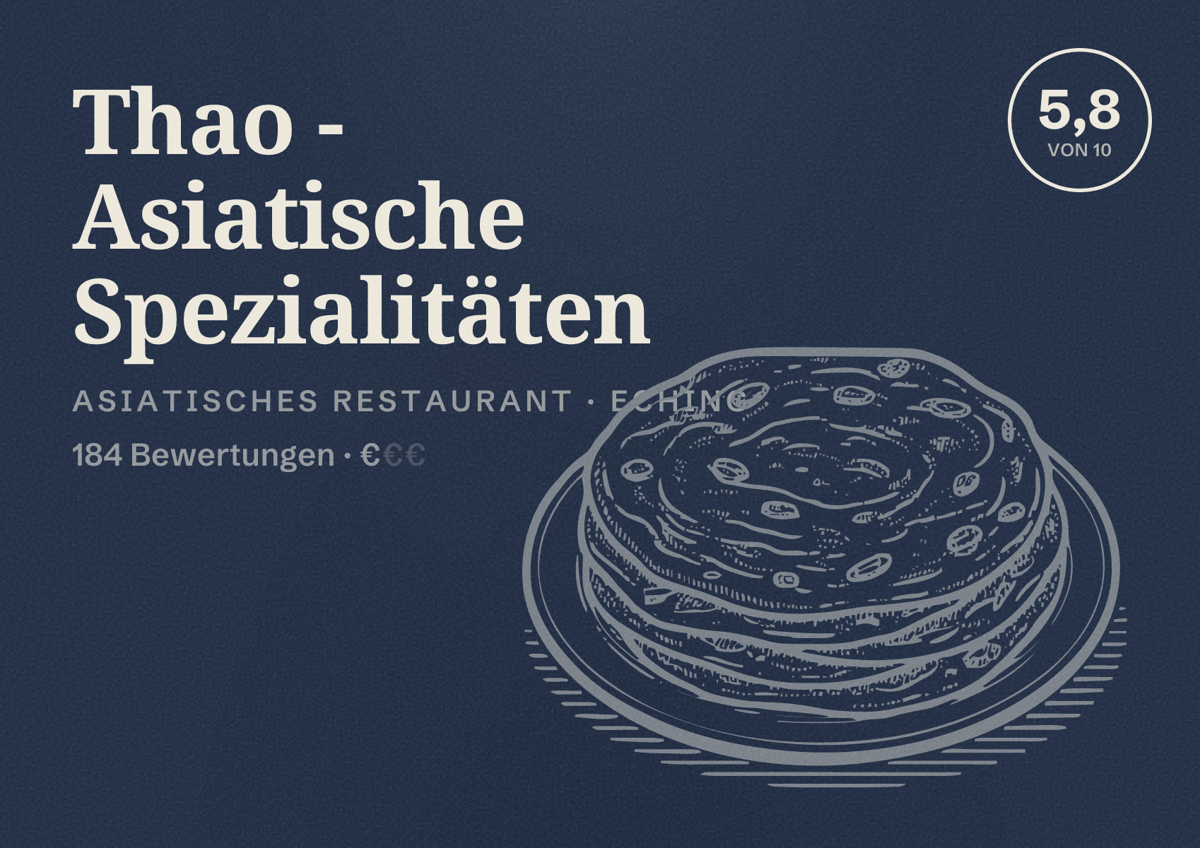Illustriertes Poster von Thao - Asiatische Spezialitäten, Asiatisches Restaurant in Eching: Bewertung 5,8 von 10 aus 184 Bewertungen, Preisniveau €