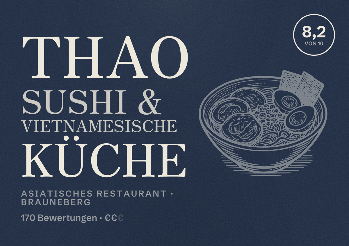 Illustriertes Poster von Thao Sushi & Vietnamesische Küche, Asiatisches Restaurant in Brauneberg: Bewertung 8,2 von 10 aus 170 Bewertungen, Preisniveau €€