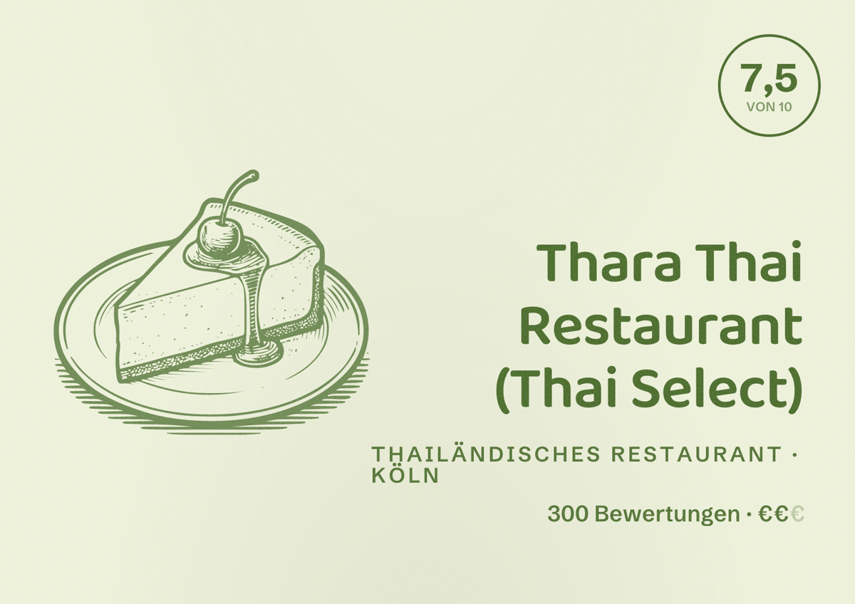 Illustriertes Poster von Thara Thai Restaurant (Thai Select), Thailändisches Restaurant in Köln: Bewertung 7,5 von 10 aus 300 Bewertungen, Preisniveau €€