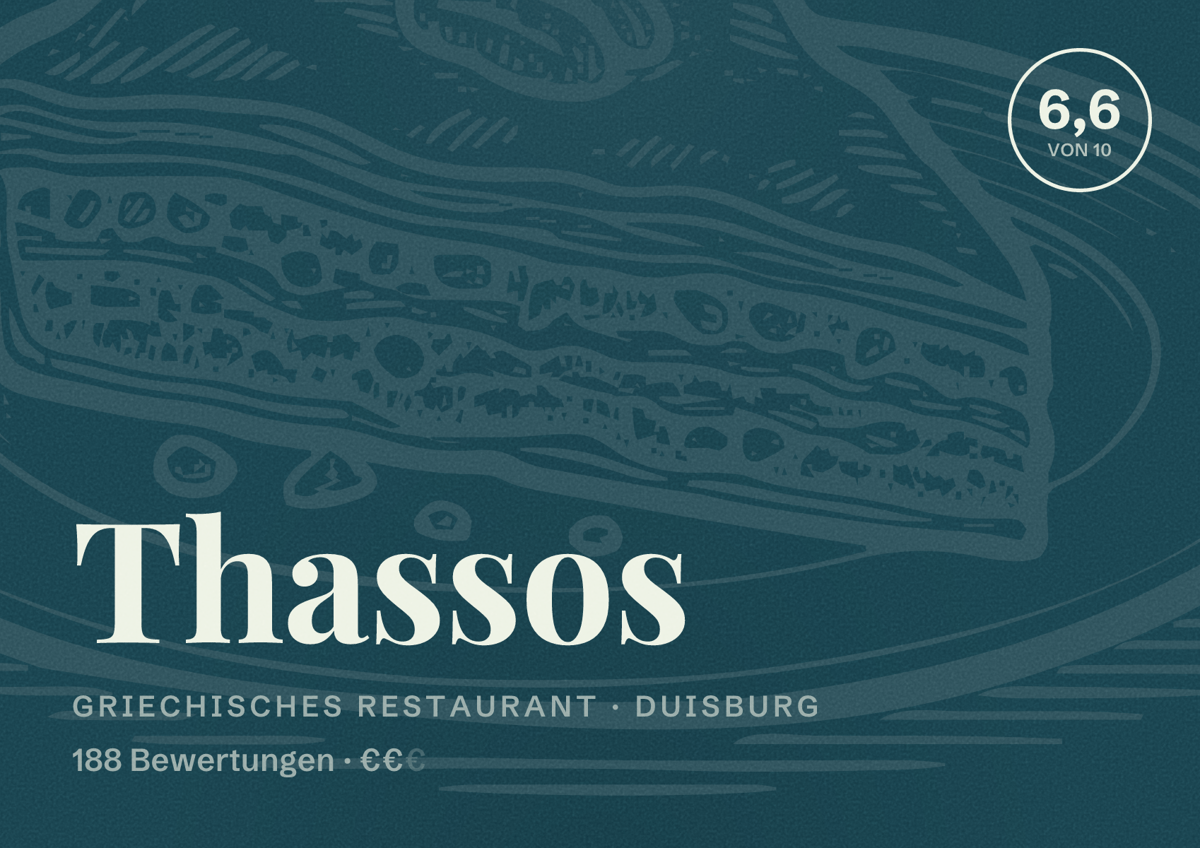 Illustriertes Poster von Thassos, Griechisches Restaurant in Duisburg: Bewertung 6,6 von 10 aus 188 Bewertungen, Preisniveau €€