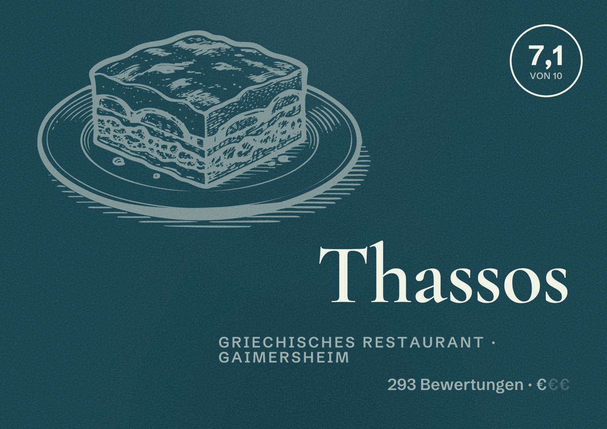 Illustriertes Poster von Thassos, Griechisches Restaurant in Gaimersheim: Bewertung 7,1 von 10 aus 293 Bewertungen, Preisniveau €