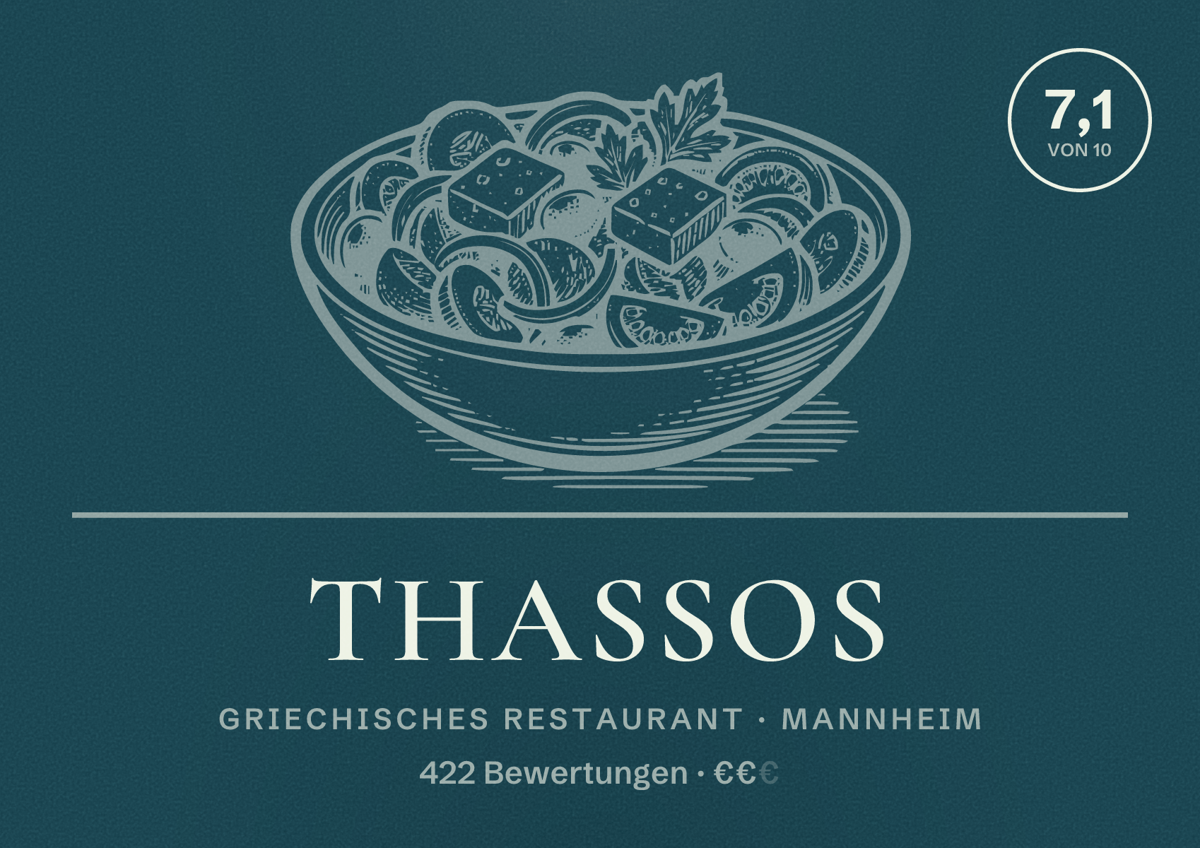 Illustriertes Poster von Thassos, Griechisches Restaurant in Mannheim: Bewertung 7,1 von 10 aus 422 Bewertungen, Preisniveau €€