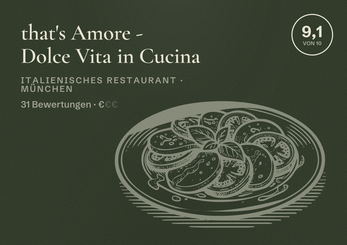 Illustriertes Poster von that's Amore - Dolce Vita in Cucina, Italienisches Restaurant in München: Bewertung 9,1 von 10 aus 31 Bewertungen, Preisniveau €
