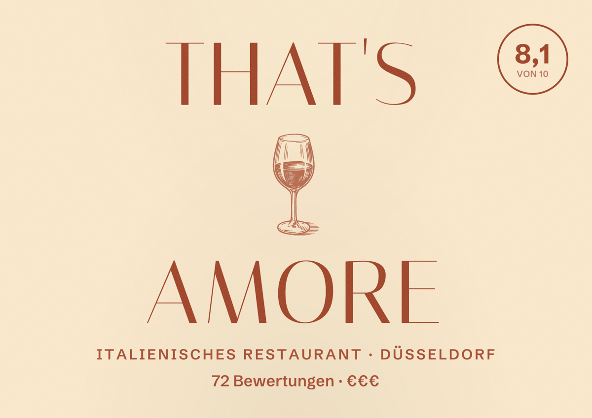 Illustriertes Poster von That's Amore, Italienisches Restaurant in Düsseldorf: Bewertung 8,1 von 10 aus 72 Bewertungen, Preisniveau €€€