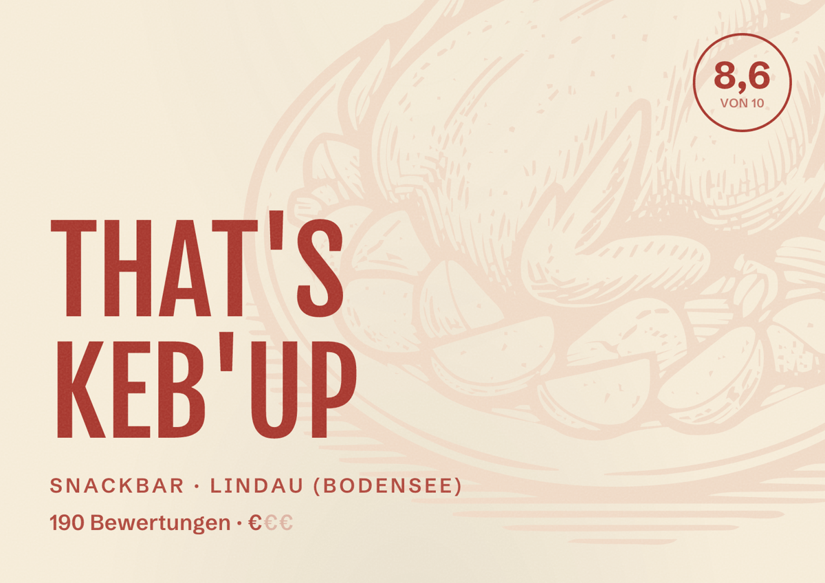 Illustriertes Poster von THAT'S KEB'UP, Snackbar in Lindau (Bodensee): Bewertung 8,6 von 10 aus 190 Bewertungen, Preisniveau €