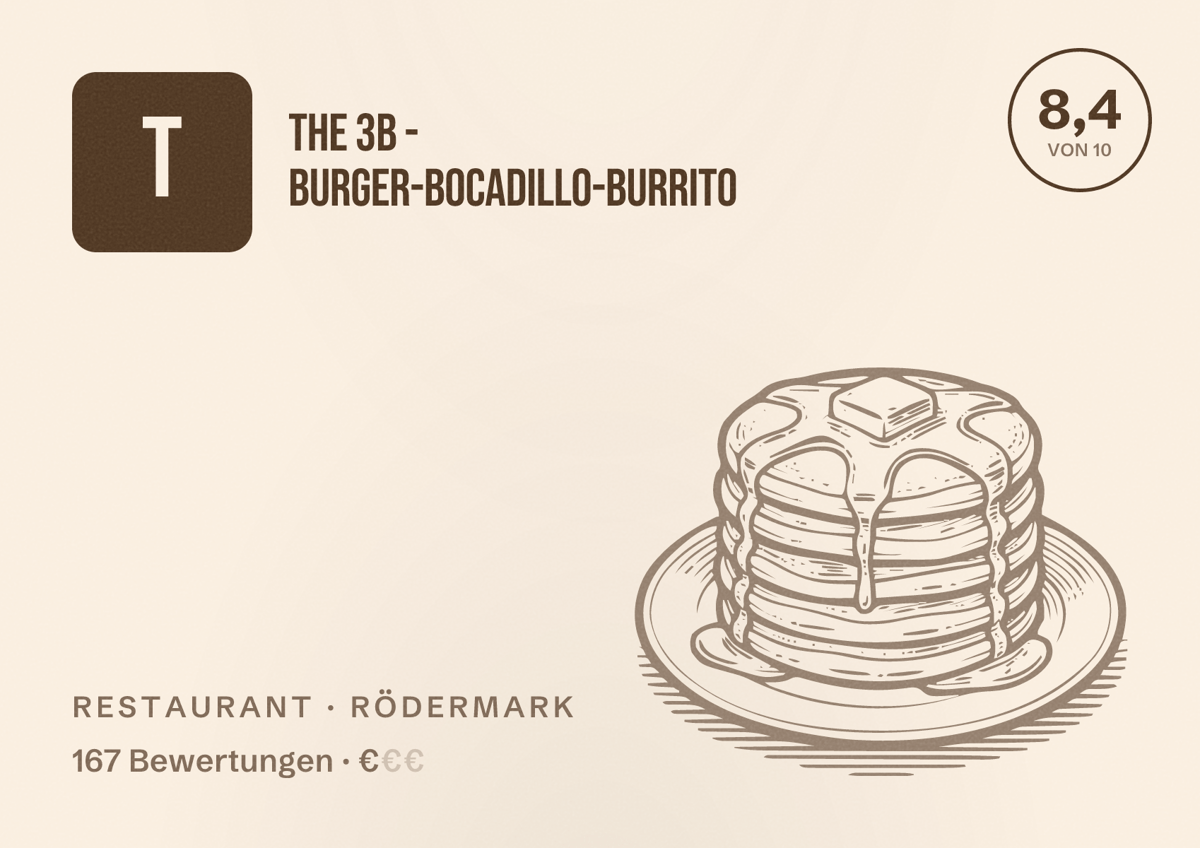 Illustriertes Poster von The 3B - Burger-Bocadillo-Burrito, Restaurant in Rödermark: Bewertung 8,4 von 10 aus 167 Bewertungen, Preisniveau €