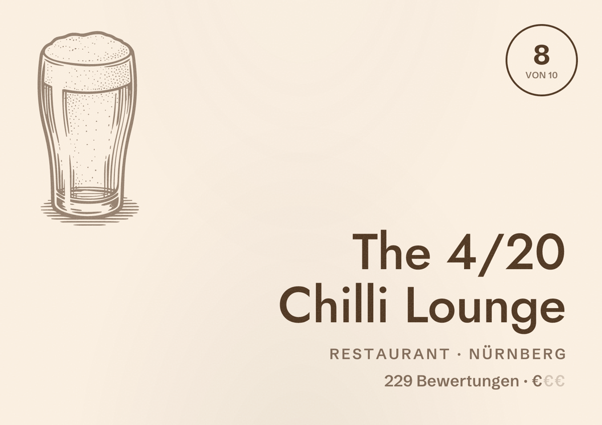Illustriertes Poster von The 4/20 Chilli Lounge, Restaurant in Nürnberg: Bewertung 8,0 von 10 aus 229 Bewertungen, Preisniveau €