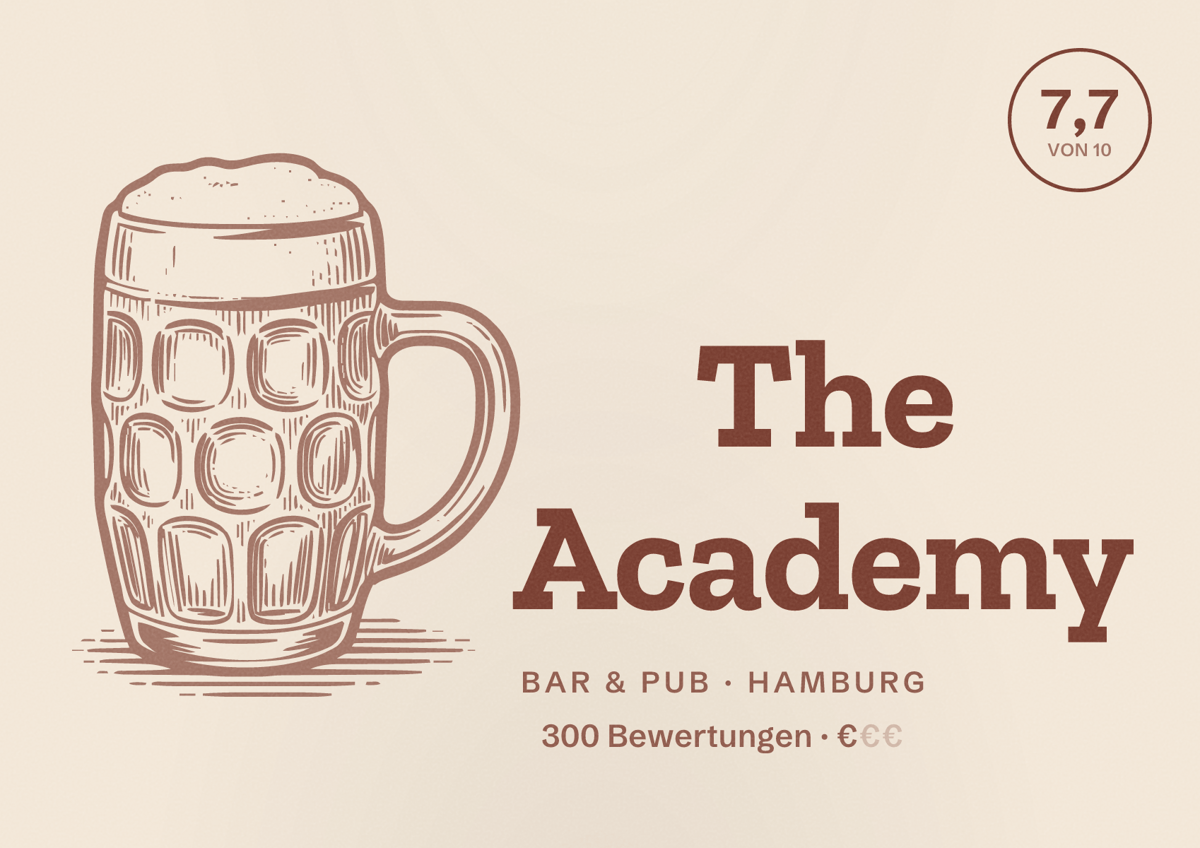 Illustriertes Poster von The Academy, Bar & Pub in Hamburg: Bewertung 7,7 von 10 aus 300 Bewertungen, Preisniveau €