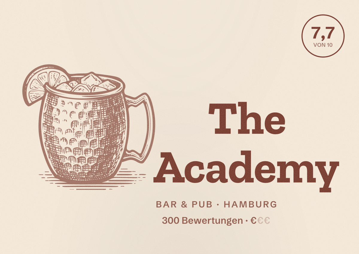 Illustriertes Poster von The Academy, Bar & Pub in Hamburg: Bewertung 7,7 von 10 aus 300 Bewertungen, Preisniveau €