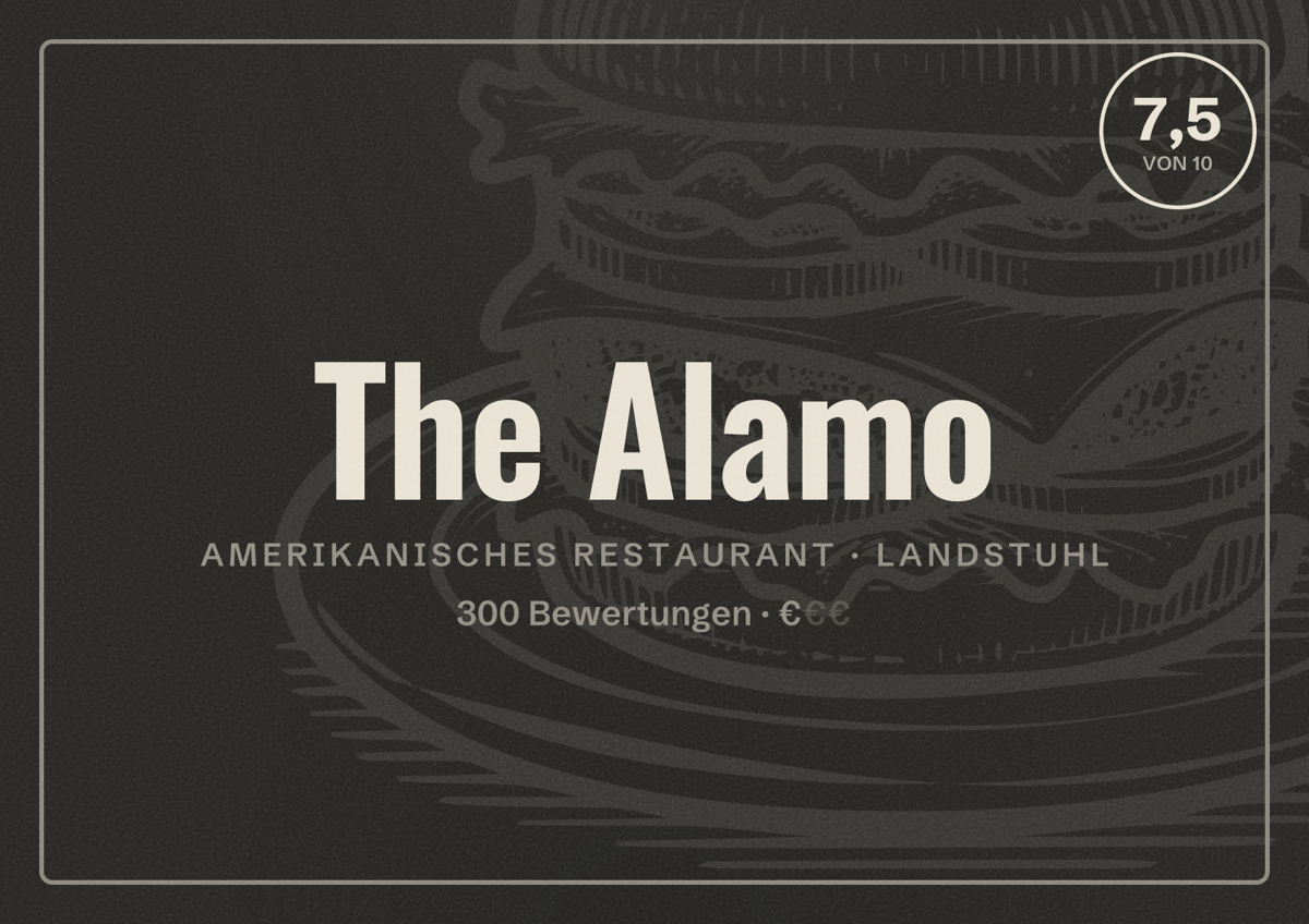 Illustriertes Poster von The Alamo, Amerikanisches Restaurant in Landstuhl: Bewertung 7,5 von 10 aus 300 Bewertungen, Preisniveau €
