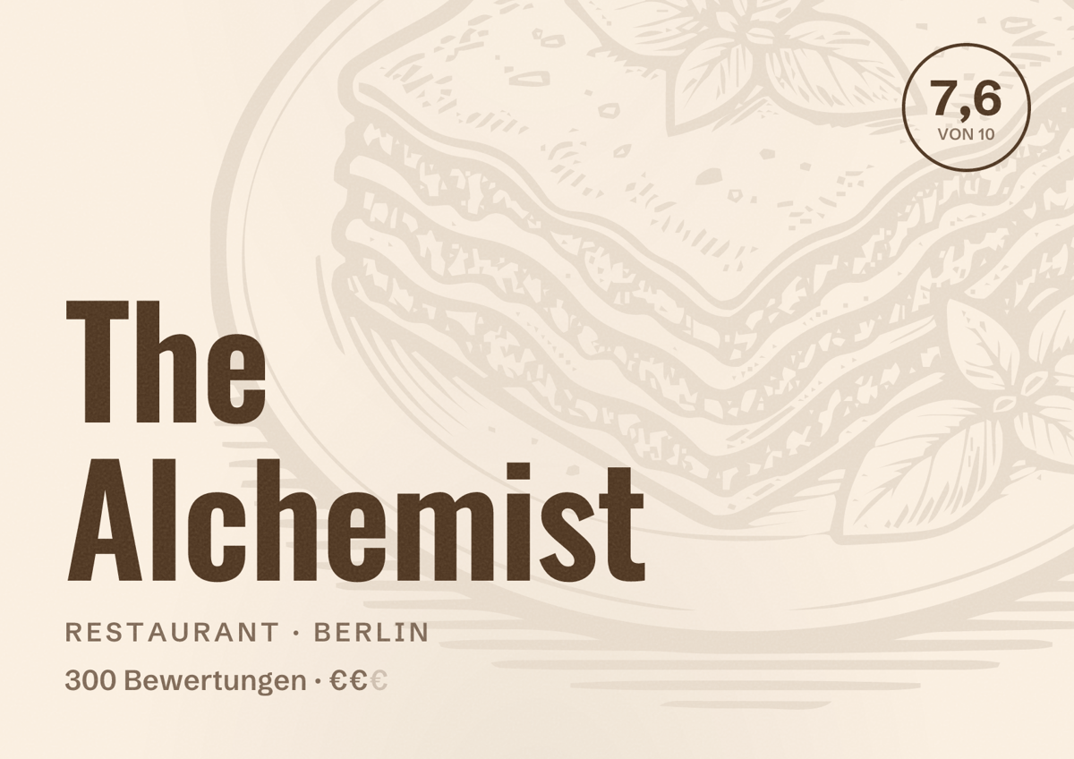 Illustriertes Poster von The Alchemist, Restaurant in Berlin: Bewertung 7,6 von 10 aus 300 Bewertungen, Preisniveau €€