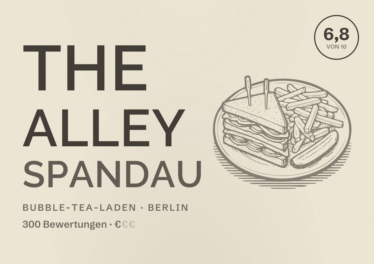 Illustriertes Poster von The Alley Spandau, Bubble-Tea-Laden in Berlin: Bewertung 6,8 von 10 aus 300 Bewertungen, Preisniveau €