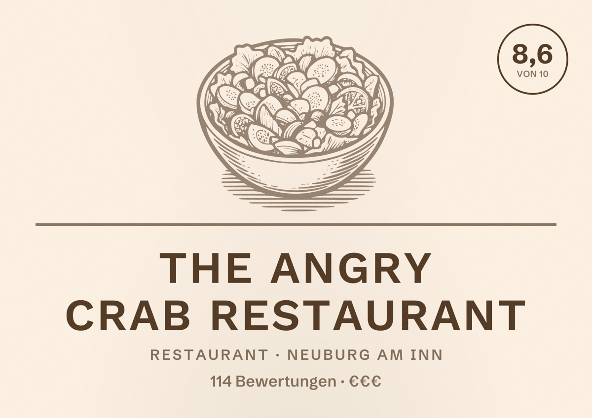 Illustriertes Poster von The Angry Crab Restaurant, Restaurant in Neuburg am Inn: Bewertung 8,6 von 10 aus 114 Bewertungen, Preisniveau €€€