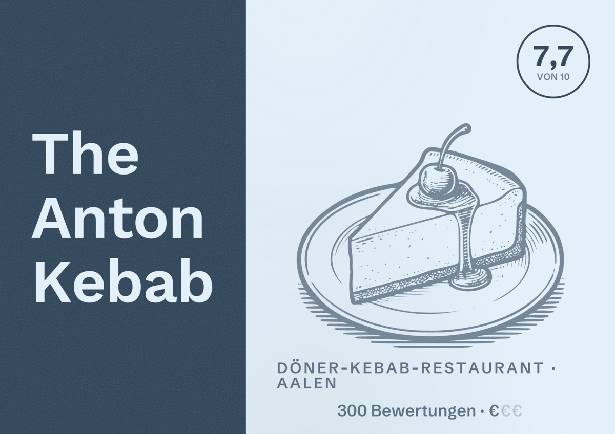 Illustriertes Poster von The Anton Kebab, Döner-Kebab-Restaurant in Aalen: Bewertung 7,7 von 10 aus 300 Bewertungen, Preisniveau €