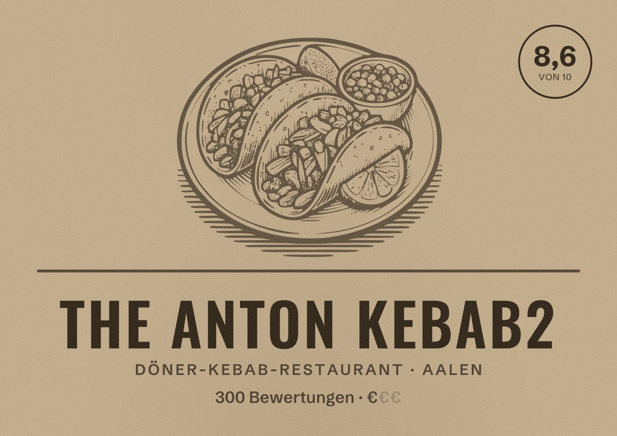 Illustriertes Poster von The Anton kebab2, Döner-Kebab-Restaurant in Aalen: Bewertung 8,6 von 10 aus 300 Bewertungen, Preisniveau €