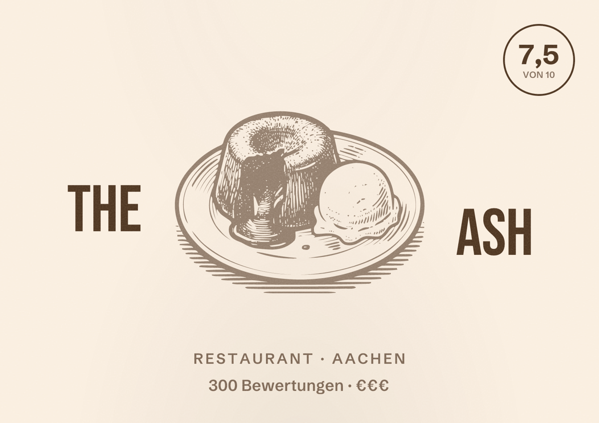 Illustriertes Poster von The ASH, Restaurant in Aachen: Bewertung 7,5 von 10 aus 300 Bewertungen, Preisniveau €€€