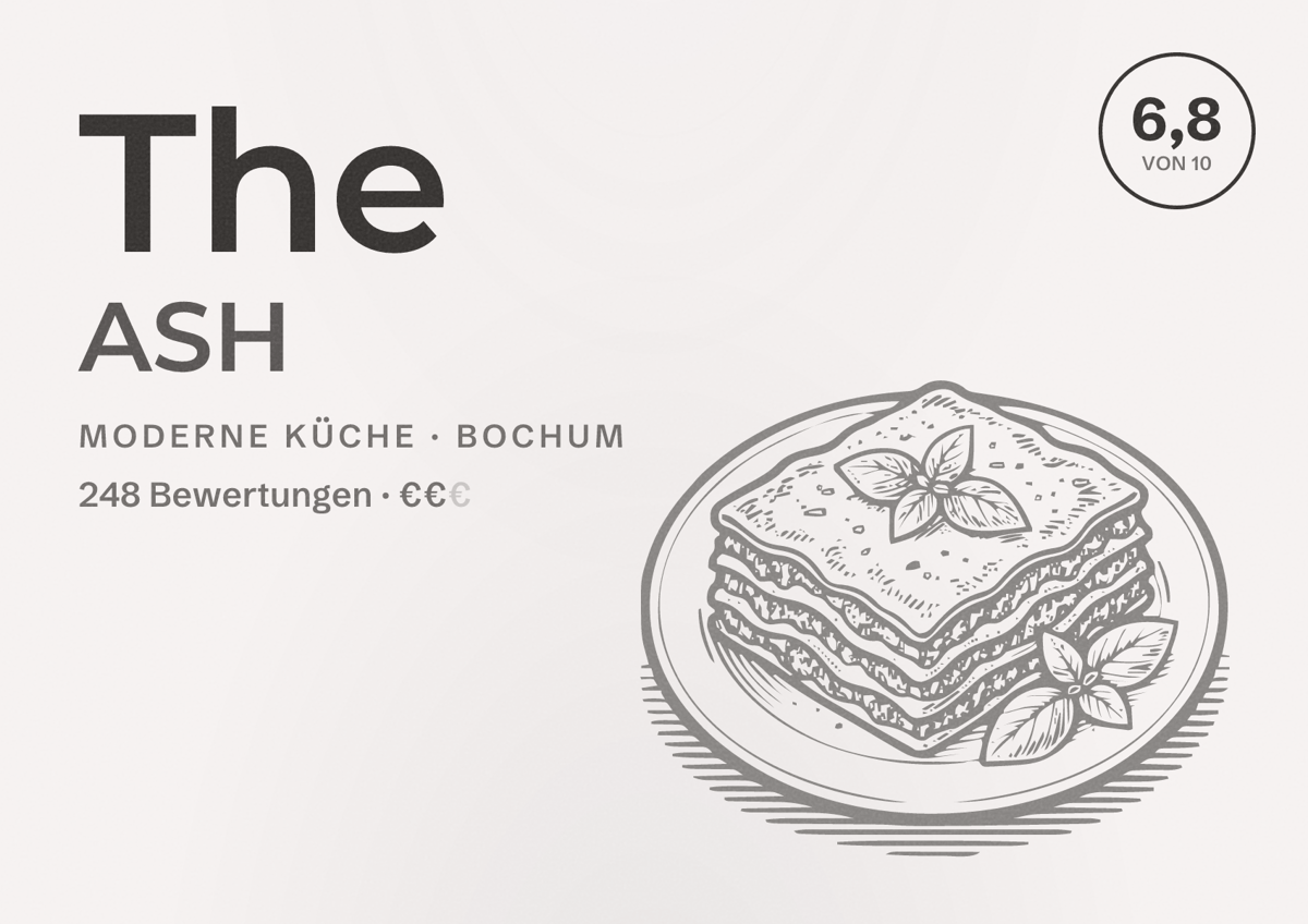 Illustriertes Poster von The ASH, Moderne Küche in Bochum: Bewertung 6,8 von 10 aus 248 Bewertungen, Preisniveau €€