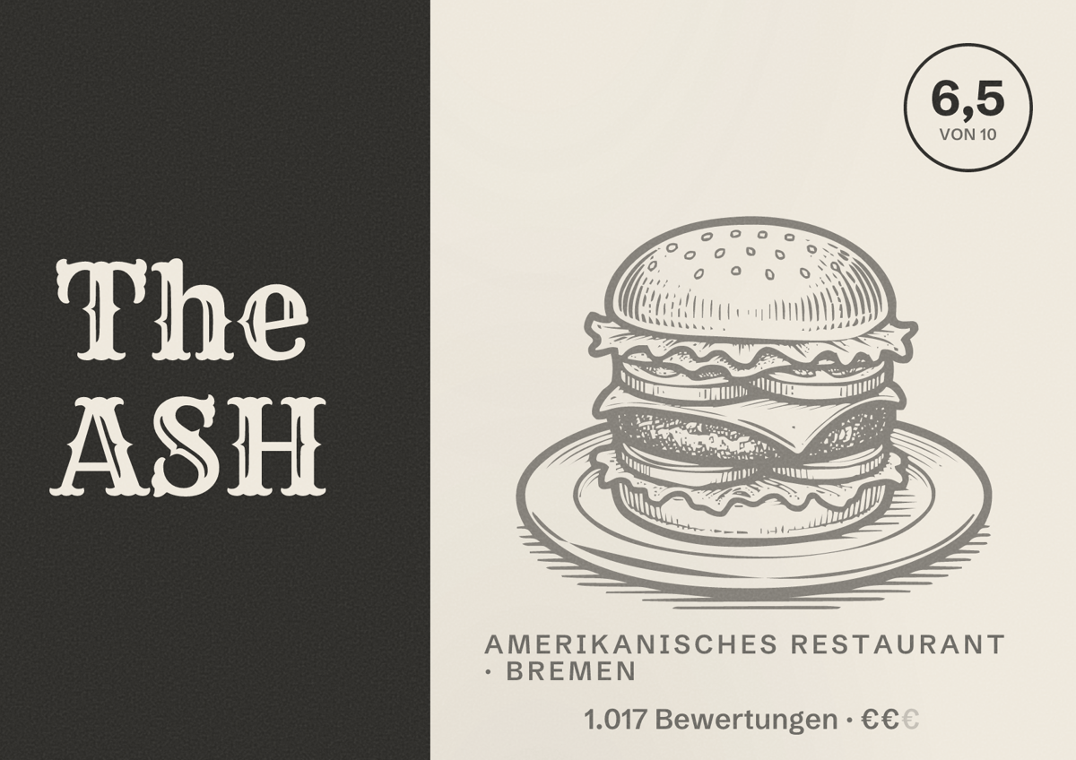 Illustriertes Poster von The ASH, Amerikanisches Restaurant in Bremen: Bewertung 6,5 von 10 aus 1.017 Bewertungen, Preisniveau €€