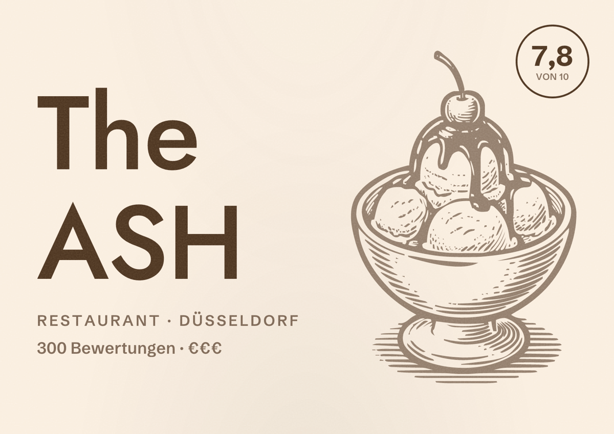 Illustriertes Poster von The ASH, Restaurant in Düsseldorf: Bewertung 7,8 von 10 aus 300 Bewertungen, Preisniveau €€€