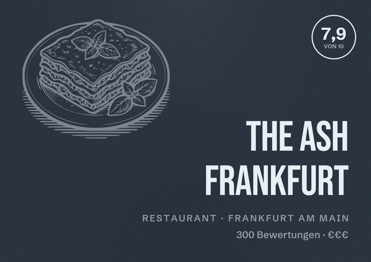 Illustriertes Poster von The ASH Frankfurt, Restaurant in Frankfurt am Main: Bewertung 7,9 von 10 aus 300 Bewertungen, Preisniveau €€€