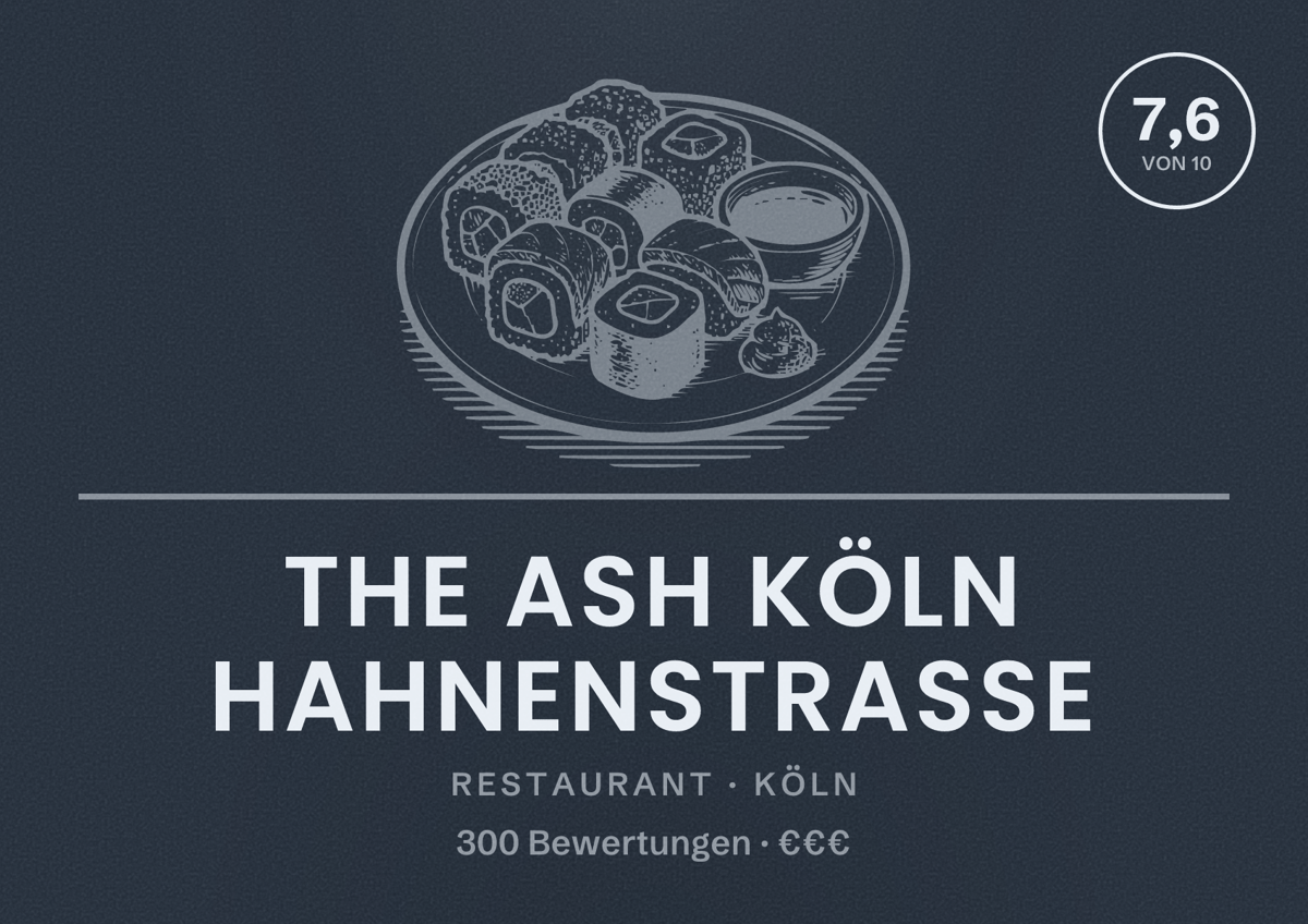 Illustriertes Poster von The ASH Köln Hahnenstraße, Restaurant in Köln: Bewertung 7,6 von 10 aus 300 Bewertungen, Preisniveau €€€