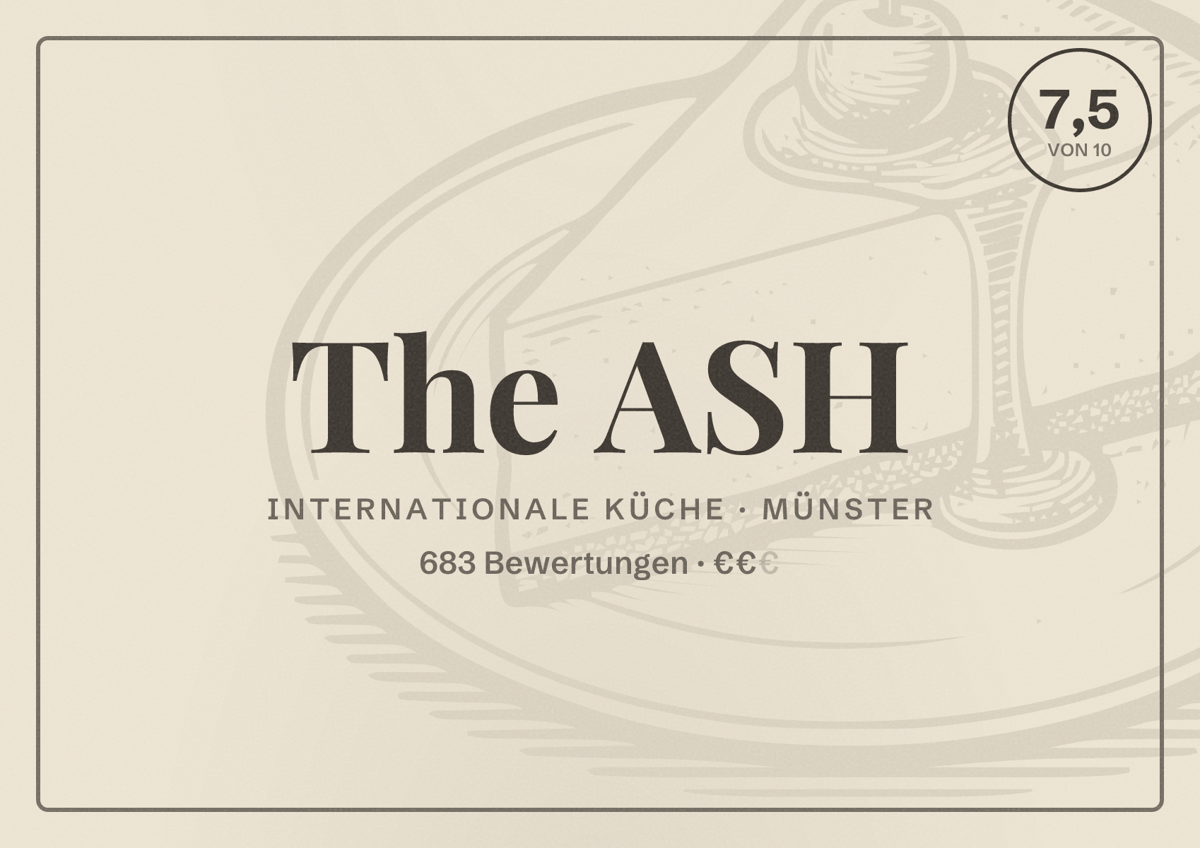 Illustriertes Poster von The ASH, Internationale Küche in Münster: Bewertung 7,5 von 10 aus 683 Bewertungen, Preisniveau €€
