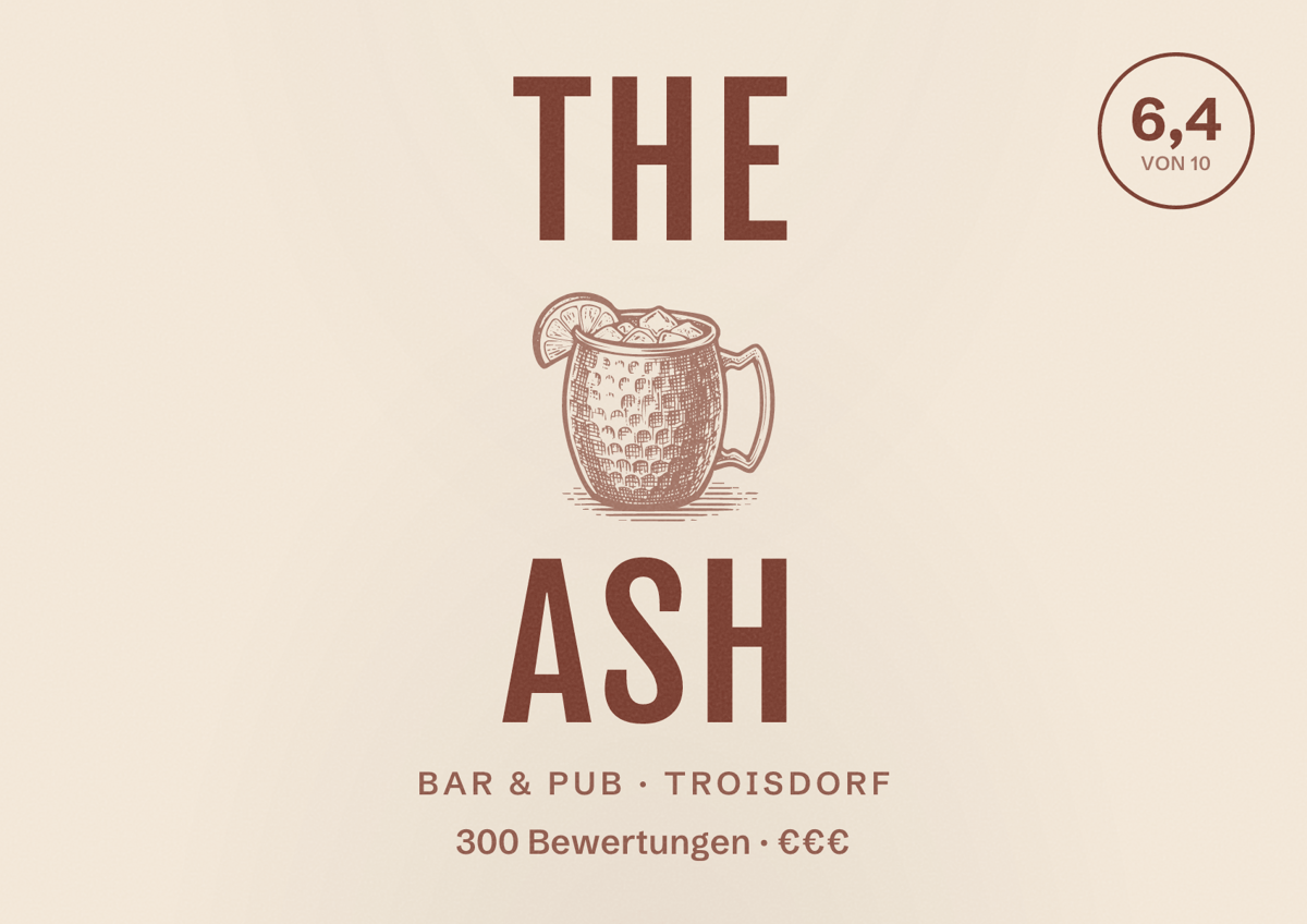 Illustriertes Poster von The ASH, Bar & Pub in Troisdorf: Bewertung 6,4 von 10 aus 300 Bewertungen, Preisniveau €€€