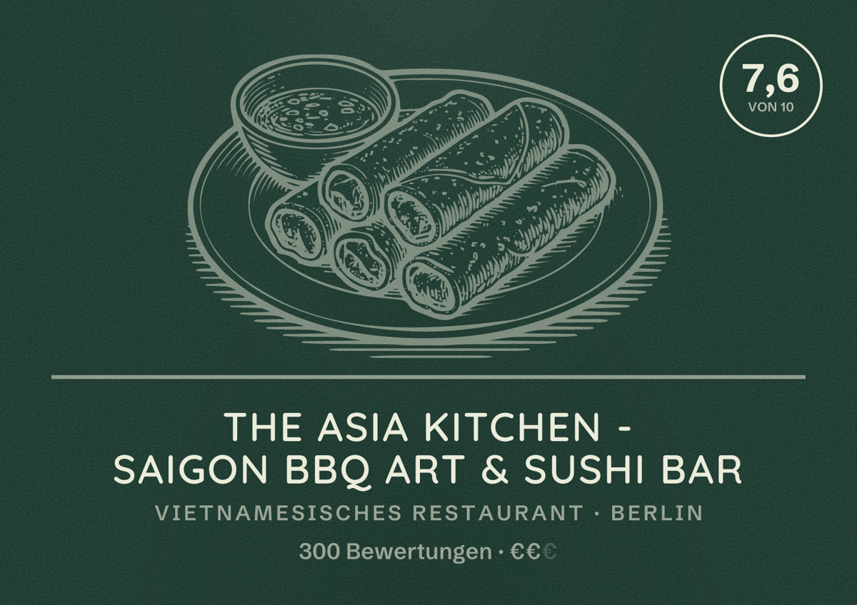 Illustriertes Poster von The Asia Kitchen - Saigon BBQ Art & Sushi Bar, Vietnamesisches Restaurant in Berlin: Bewertung 7,6 von 10 aus 300 Bewertungen, Preisniveau €€
