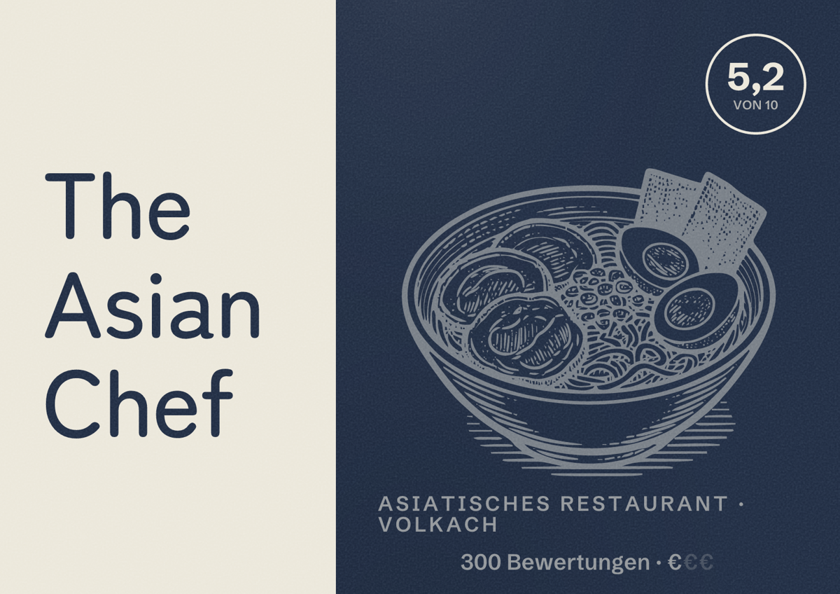 Illustriertes Poster von The Asian Chef, Asiatisches Restaurant in Volkach: Bewertung 5,2 von 10 aus 300 Bewertungen, Preisniveau €