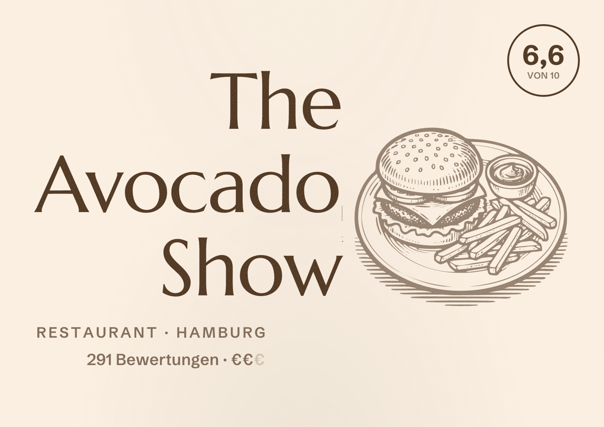 Illustriertes Poster von The Avocado Show, Restaurant in Hamburg: Bewertung 6,6 von 10 aus 291 Bewertungen, Preisniveau €€